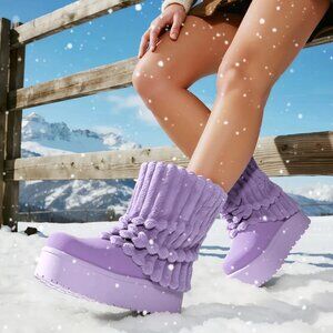 Women Winter PURPLE Fuzzy Faux Fur Lined Calf High Boots 2 inch Sole